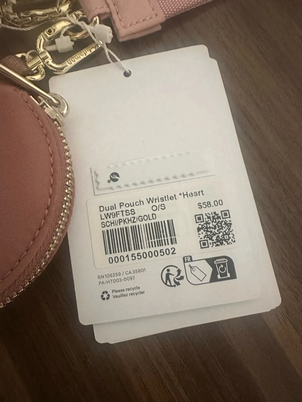 NWT Lululemon Dual Pouch Wristlet *Heart Spiced Chai / Pink Haze / Gold
